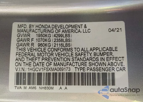 2021 Honda Accord Ex-L from USA, damaged, VIN 1HGCV1F5XMA069173